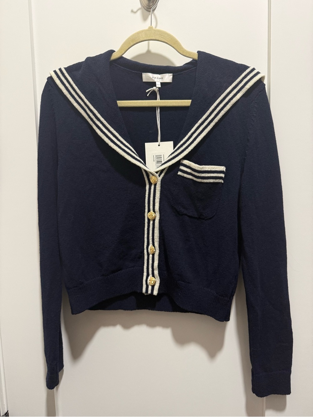 Frame Denim Navy and Cream Sailor Collar Cardigan